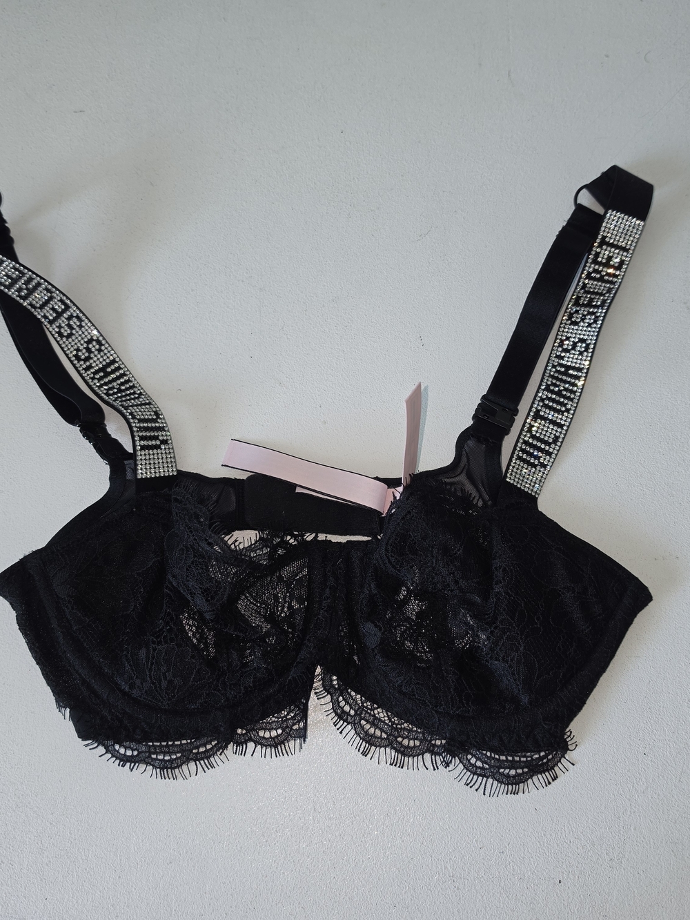 Victoria's Secret Black Lace Underwire Bra with Crystal-Studded Straps